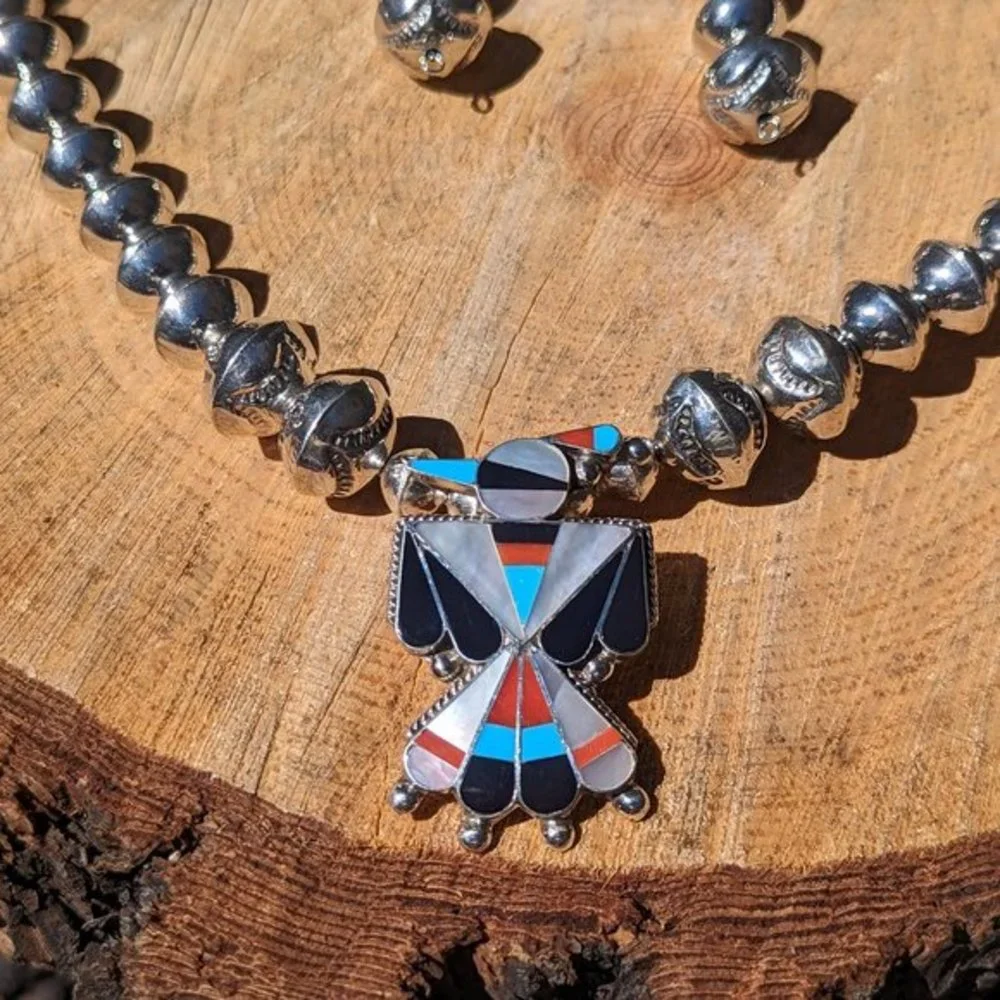 Navajo Jewelry Necklace Earrings Set Sterling Silver Beads Thunderbird Pendant *